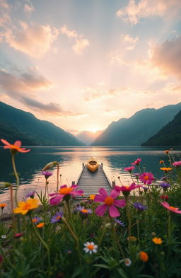 A highly detailed and vibrant image showcasing a serene landscape with a vast, shimmering lake surrounded by lush green mountains