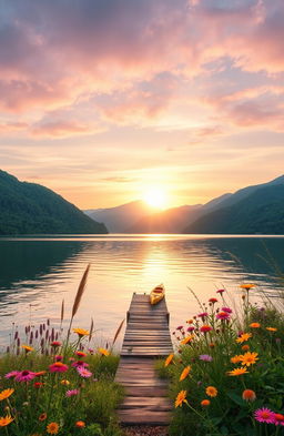 A highly detailed and vibrant image showcasing a serene landscape with a vast, shimmering lake surrounded by lush green mountains