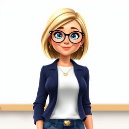A Disney Pixar-style character of a pretty female teacher, age 50, featuring a stylish bob haircut with blond highlights and captivating blue eyes
