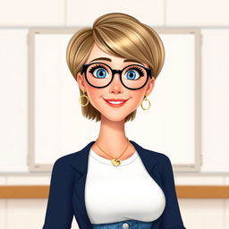A Disney Pixar-style character of a pretty female teacher, age 50, featuring a stylish bob haircut with blond highlights and captivating blue eyes
