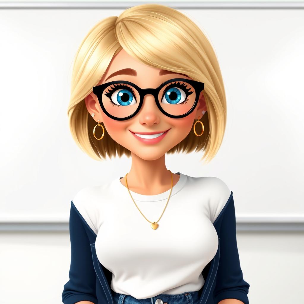 A Disney Pixar-style character of a pretty female teacher, age 50, featuring a stylish bob haircut with blond highlights and captivating blue eyes