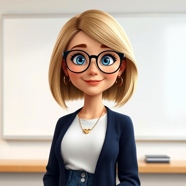 A Disney Pixar-style character of a pretty female teacher, age 50, featuring a stylish bob haircut with blond highlights and captivating blue eyes