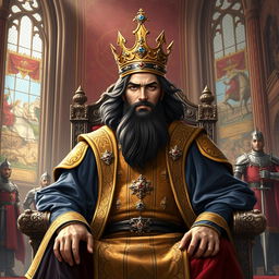 A majestic medieval king named Shayan, depicted in a richly detailed royal throne room