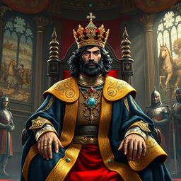 A majestic medieval king named Shayan, depicted in a richly detailed royal throne room