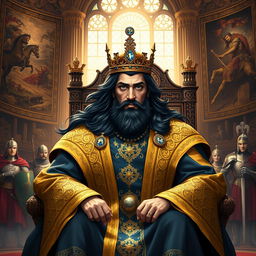 A majestic medieval king named Shayan, depicted in a richly detailed royal throne room