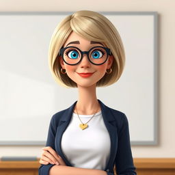 A Disney Pixar-style character of a pretty 50-year-old female teacher