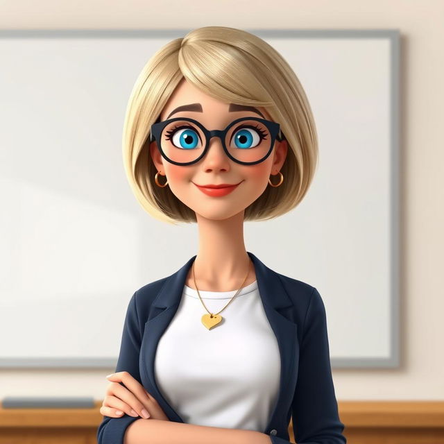 A Disney Pixar-style character of a pretty 50-year-old female teacher