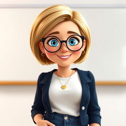 A Disney Pixar-style character of a pretty 50-year-old female teacher