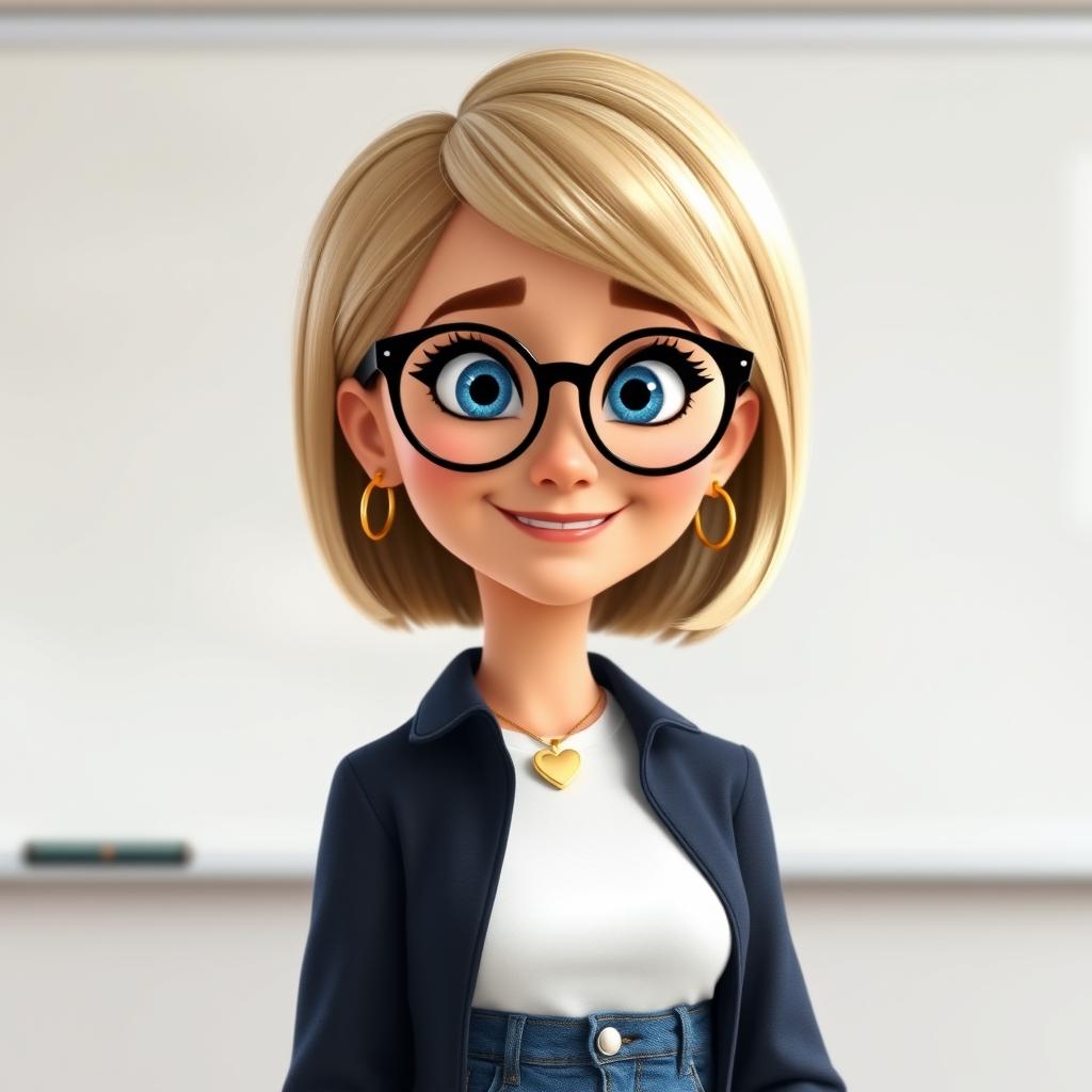 A Disney Pixar-style character of a pretty 50-year-old female teacher