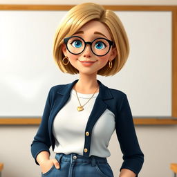 A Disney Pixar-style character of a pretty 50-year-old female teacher