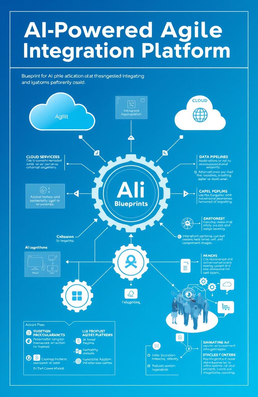 An informative and visually engaging blueprint design for an AI-Powered Agile Integration Platform, showcasing interconnected systems and components
