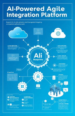 An informative and visually engaging blueprint design for an AI-Powered Agile Integration Platform, showcasing interconnected systems and components
