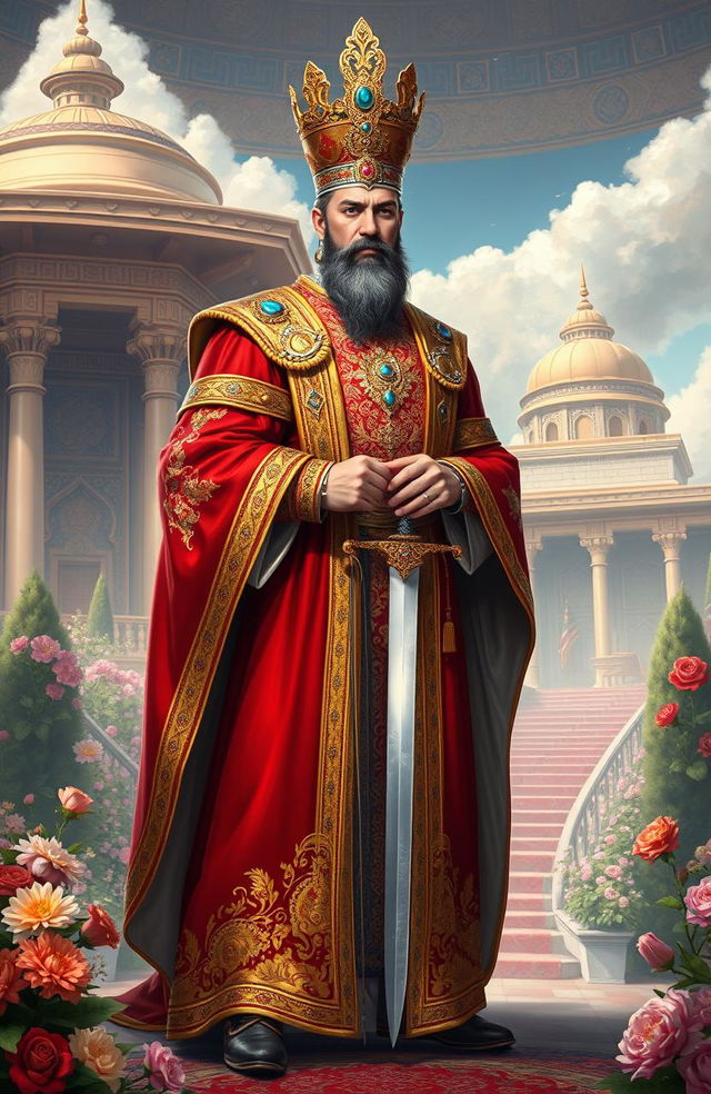 An artistic representation of King Shayan Shahii, illustrating him as an imposing and regal figure, wearing traditional Uzbeks and Persian royal attire from the era of the Turkic kings of Iran