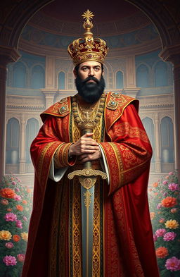 An artistic representation of King Shayan Shahii, illustrating him as an imposing and regal figure, wearing traditional Uzbeks and Persian royal attire from the era of the Turkic kings of Iran
