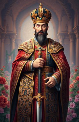 An artistic representation of King Shayan Shahii, illustrating him as an imposing and regal figure, wearing traditional Uzbeks and Persian royal attire from the era of the Turkic kings of Iran