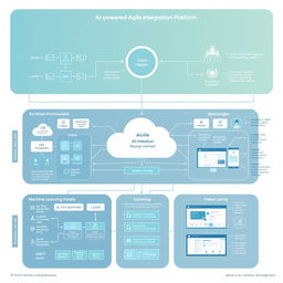 A detailed blueprint of an AI-powered Agile integration platform, showcasing various components such as data flow diagrams, architecture frameworks, and user interfaces