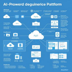 A detailed blueprint of an AI-powered Agile integration platform, showcasing various components such as data flow diagrams, architecture frameworks, and user interfaces