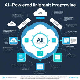 A detailed blueprint of an AI-powered Agile integration platform, showcasing various components such as data flow diagrams, architecture frameworks, and user interfaces
