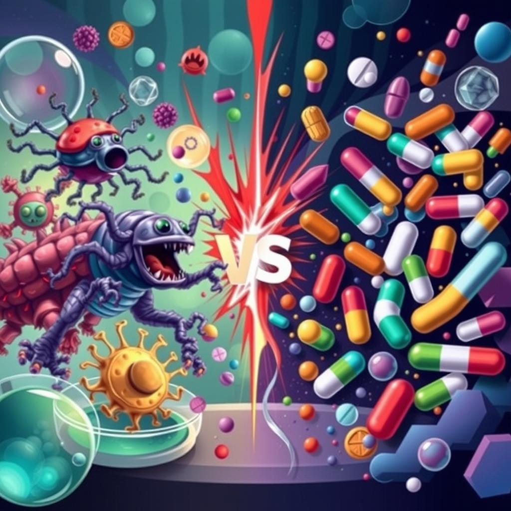 A visually striking illustration depicting the concept of 'superbugs vs antibiotics'