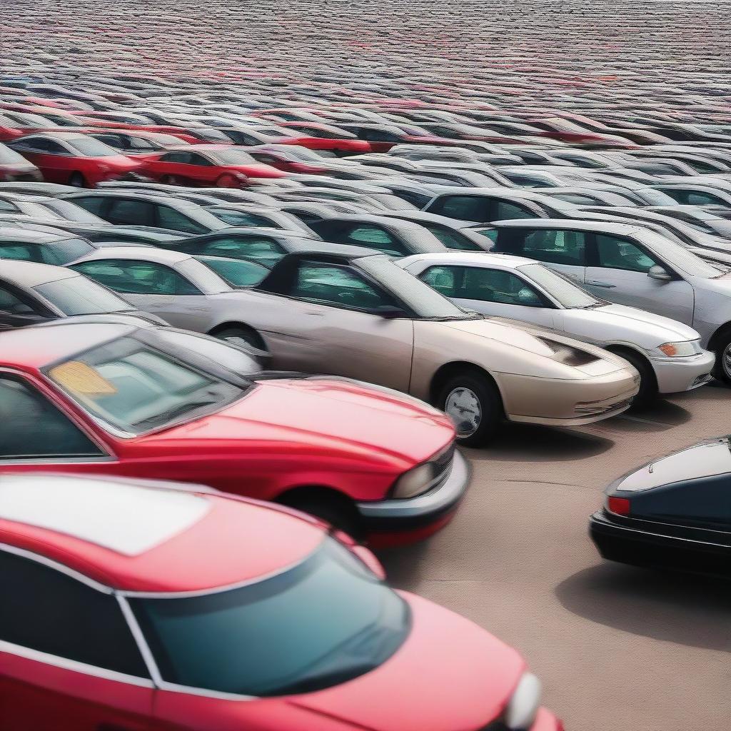 A spacious used car lot filled with a variety of cars from different years and models, with colorful price tags hanging from the mirrors.