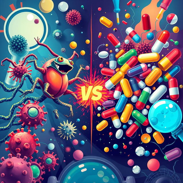 A visually striking illustration depicting the concept of 'superbugs vs antibiotics'