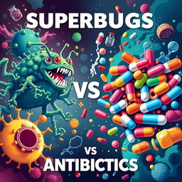A visually striking illustration depicting the concept of 'superbugs vs antibiotics'