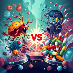 A visually striking illustration depicting the concept of 'superbugs vs antibiotics'