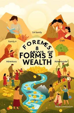 An artistic representation of the 8 forms of wealth, symbolizing self-improvement, family, craft, money, community, adventure, and service
