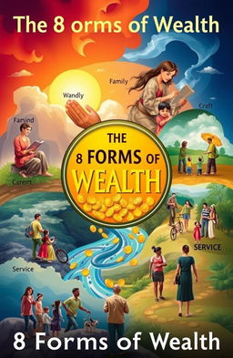 An artistic representation of the 8 forms of wealth, symbolizing self-improvement, family, craft, money, community, adventure, and service
