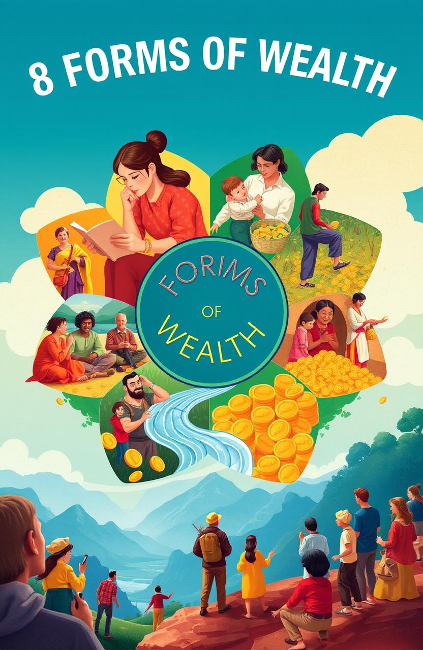 An artistic representation of the 8 forms of wealth, symbolizing self-improvement, family, craft, money, community, adventure, and service