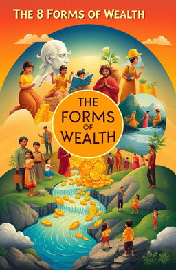 An artistic representation of the 8 forms of wealth, symbolizing self-improvement, family, craft, money, community, adventure, and service