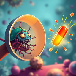 A visually striking illustration depicting the battle between superbugs and antibiotics