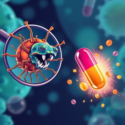 A visually striking illustration depicting the battle between superbugs and antibiotics