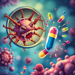 A visually striking illustration depicting the battle between superbugs and antibiotics