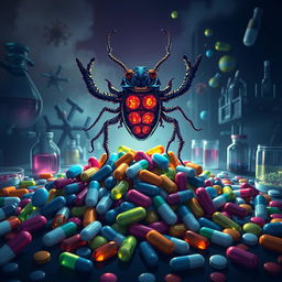 A dramatic and visually powerful illustration depicting a victorious superbug triumphing over antibiotics