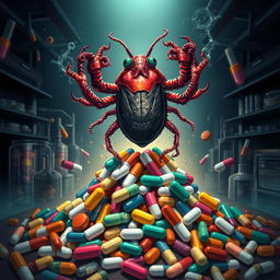 A dramatic and visually powerful illustration depicting a victorious superbug triumphing over antibiotics