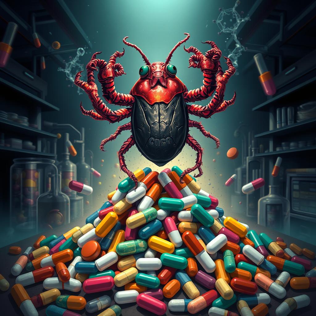 A dramatic and visually powerful illustration depicting a victorious superbug triumphing over antibiotics