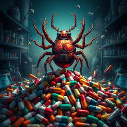A dramatic and visually powerful illustration depicting a victorious superbug triumphing over antibiotics
