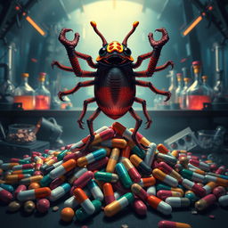 A dramatic and visually powerful illustration depicting a victorious superbug triumphing over antibiotics