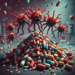 A powerful and dramatic illustration showing mutated bacteria emerging victorious over antibiotics