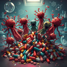 A powerful and dramatic illustration showing mutated bacteria emerging victorious over antibiotics