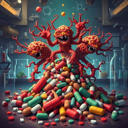 A powerful and dramatic illustration showing mutated bacteria emerging victorious over antibiotics