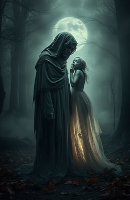 A poignant depiction of two broken souls, standing apart in a misty, ethereal landscape, surrounded by fading autumn leaves