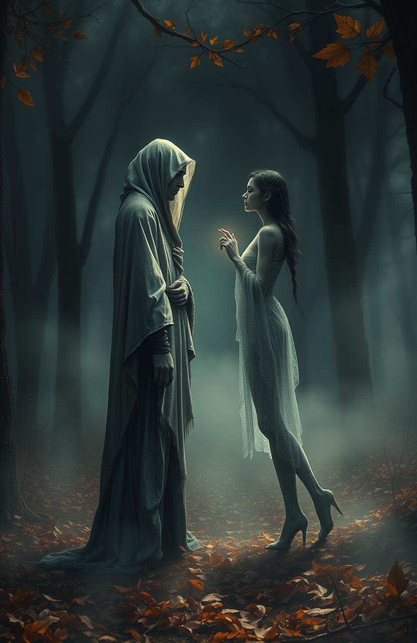 A poignant depiction of two broken souls, standing apart in a misty, ethereal landscape, surrounded by fading autumn leaves