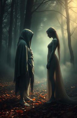 A poignant depiction of two broken souls, standing apart in a misty, ethereal landscape, surrounded by fading autumn leaves