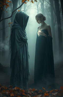 A poignant depiction of two broken souls, standing apart in a misty, ethereal landscape, surrounded by fading autumn leaves