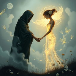 A touching illustration of two broken souls, portrayed in a surreal dreamscape