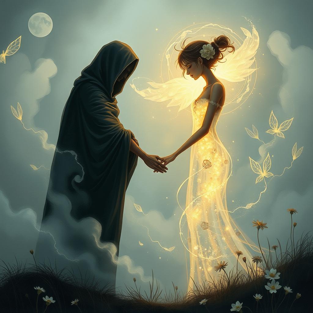 A touching illustration of two broken souls, portrayed in a surreal dreamscape