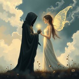 A touching illustration of two broken souls, portrayed in a surreal dreamscape