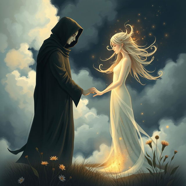 A touching illustration of two broken souls, portrayed in a surreal dreamscape